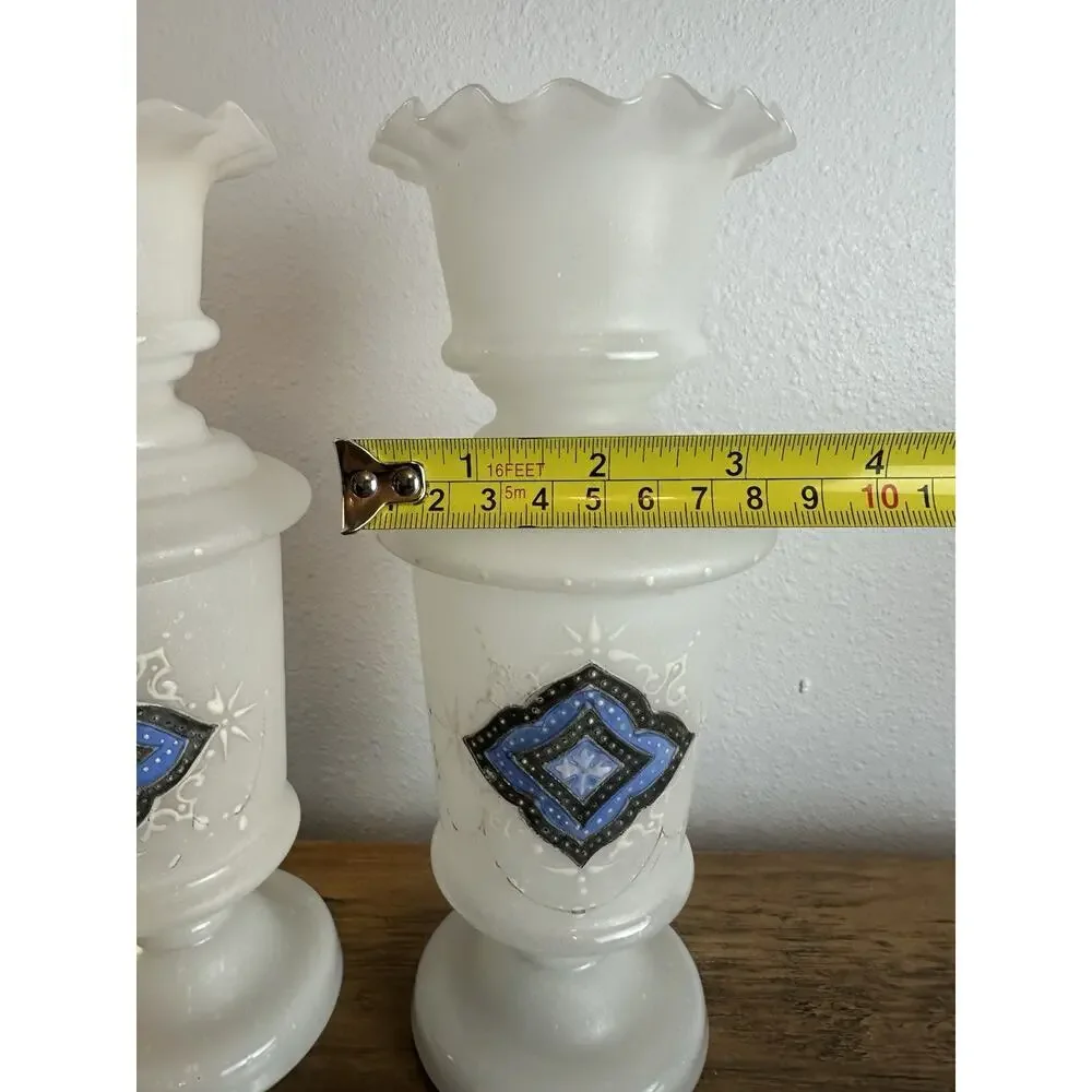 Vintage Pair Milk Glass Vases Blue Diamond Motif Ruffled Rim Art Glass